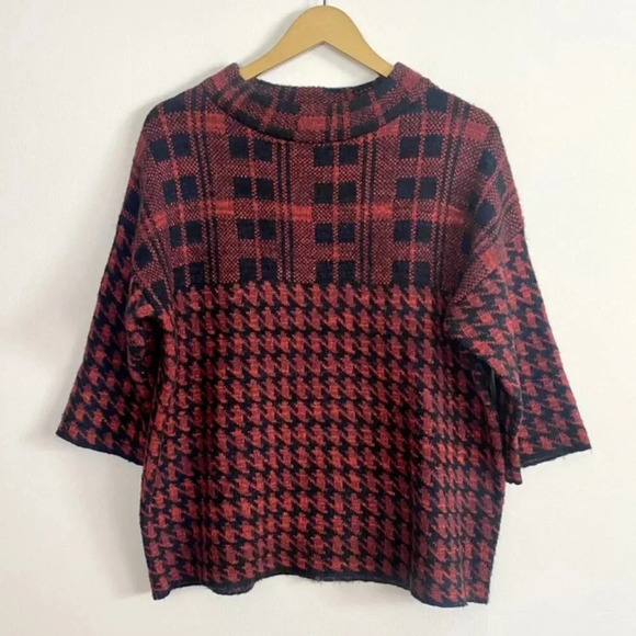 French Connection Plaid Houndstooth Wool Alpaca Blend Red and Black Sweater - Picture 2 of 9
